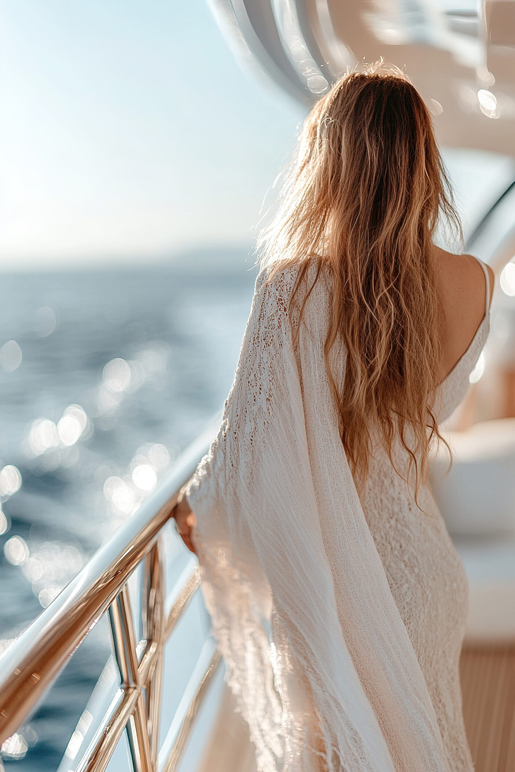 Standing gracefully at the edge of a luxury yacht, a woman gazes at the endless horizon, embodying sophistication and the essence of freedom. Sunlight sparkles on the glistening waves.
