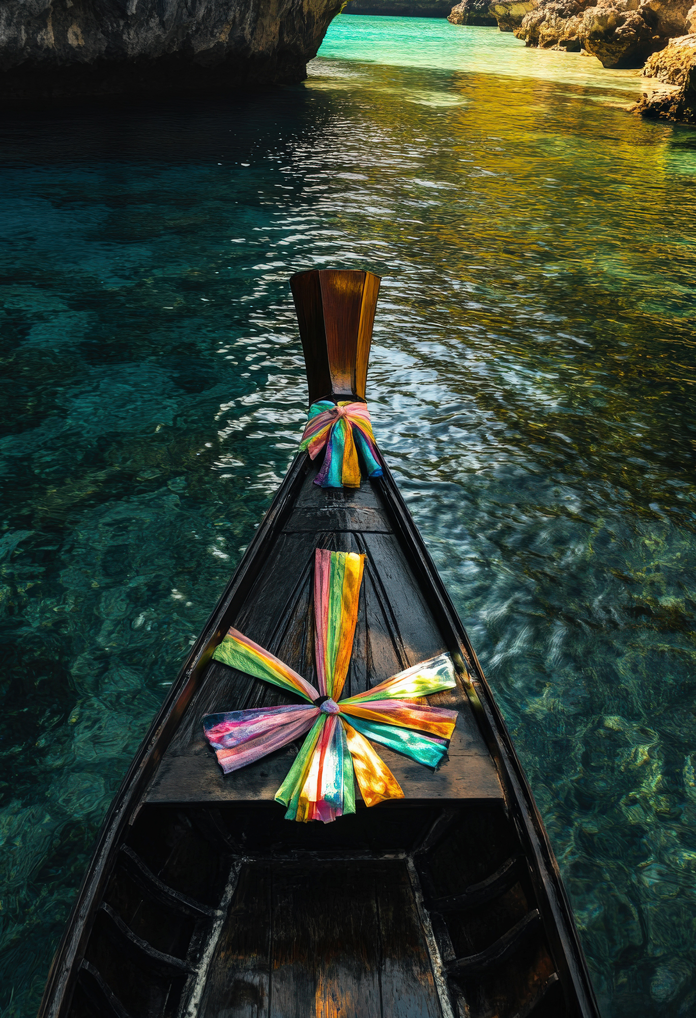 traditional-thai-longtail-boat-floating-clear-waters-near-limestone-cliffs